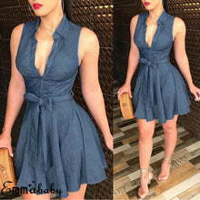 Load image into Gallery viewer, Womens Dress Sexy Large V Neck Sleeveless Club Party Denim Jeans Bandage Bodycon Mini Dress