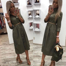 Load image into Gallery viewer, Women Vintage Front Button Sashes Party Dress Three Quarter Sleeve Turn Down Collar Solid Dress 2019 Autumn New Fashion Dress