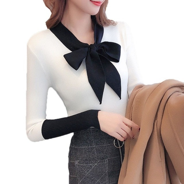 Sweet Sweater Women Autumn New Bow Decoration Casual Sweater V Neck Long Sleeve Stitching Design Knitted Pullover Sweater