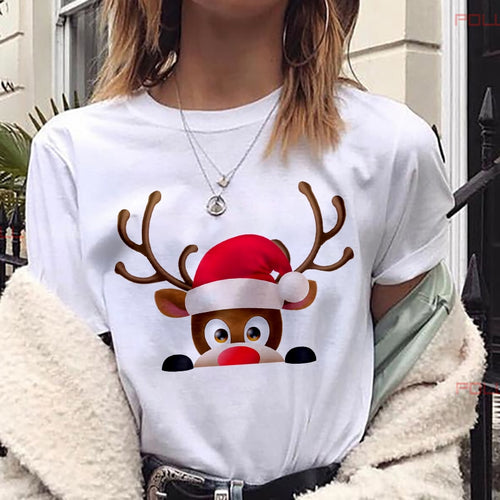 New kawaii reindeer t shirt women fashion Christmas Harajuku Short Sleeve t-shirt White Suitable all seasons Tshirt Tops clothes