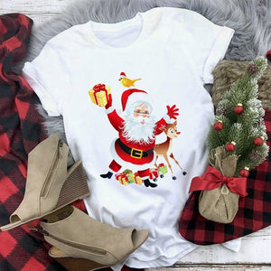 New kawaii reindeer t shirt women fashion Christmas Harajuku Short Sleeve t-shirt White Suitable all seasons Tshirt Tops clothes