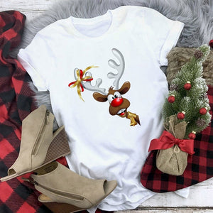 New kawaii reindeer t shirt women fashion Christmas Harajuku Short Sleeve t-shirt White Suitable all seasons Tshirt Tops clothes