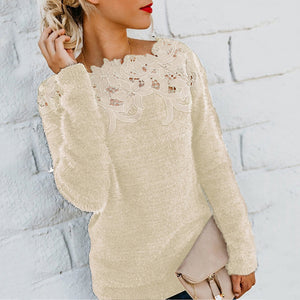 Elegant Women Lace Sweaters Flower Appliques Knitted Pullovers Female Long Sleeve Winter Jumper Slim Casual Tops Warm Knitwear