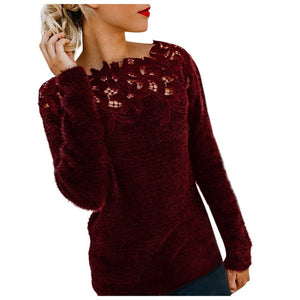 Elegant Women Lace Sweaters Flower Appliques Knitted Pullovers Female Long Sleeve Winter Jumper Slim Casual Tops Warm Knitwear