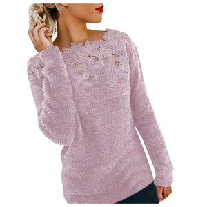 Elegant Women Lace Sweaters Flower Appliques Knitted Pullovers Female Long Sleeve Winter Jumper Slim Casual Tops Warm Knitwear