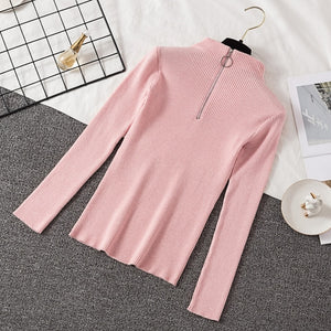 2019 Autumn Winter Women Knitted Sweaters Pullovers Turtleneck Long Sleeve Solid Color Slim Elastic Zipper Female Sweater Top