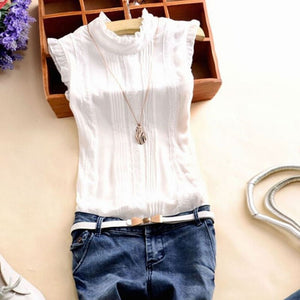 Women Ruffle Stand Collar Slim T-Shirt Tops Lady Casual Lace Sleeveless Shirt Ladies Tee Green/White chiffon