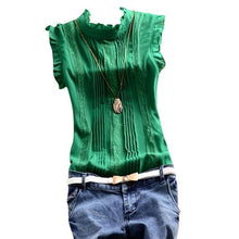 Load image into Gallery viewer, Women Ruffle Stand Collar Slim T-Shirt Tops Lady Casual Lace Sleeveless Shirt Ladies Tee Green/White chiffon