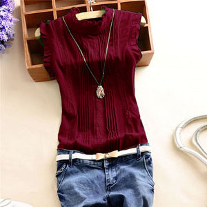 Women Ruffle Stand Collar Slim T-Shirt Tops Lady Casual Lace Sleeveless Shirt Ladies Tee Green/White chiffon